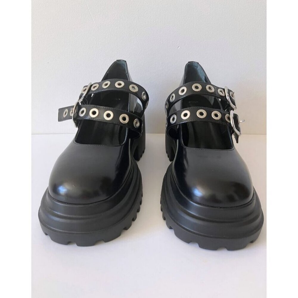 Maje Platform Babies with Silver Eyelets Shoes Black Size FR 40/ US 10 - Picture 3 of 7